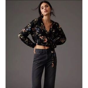 Anthropologie Pilcro Black Floral Linen Blend Cropped Wrap Tie Blouse Top XLarge